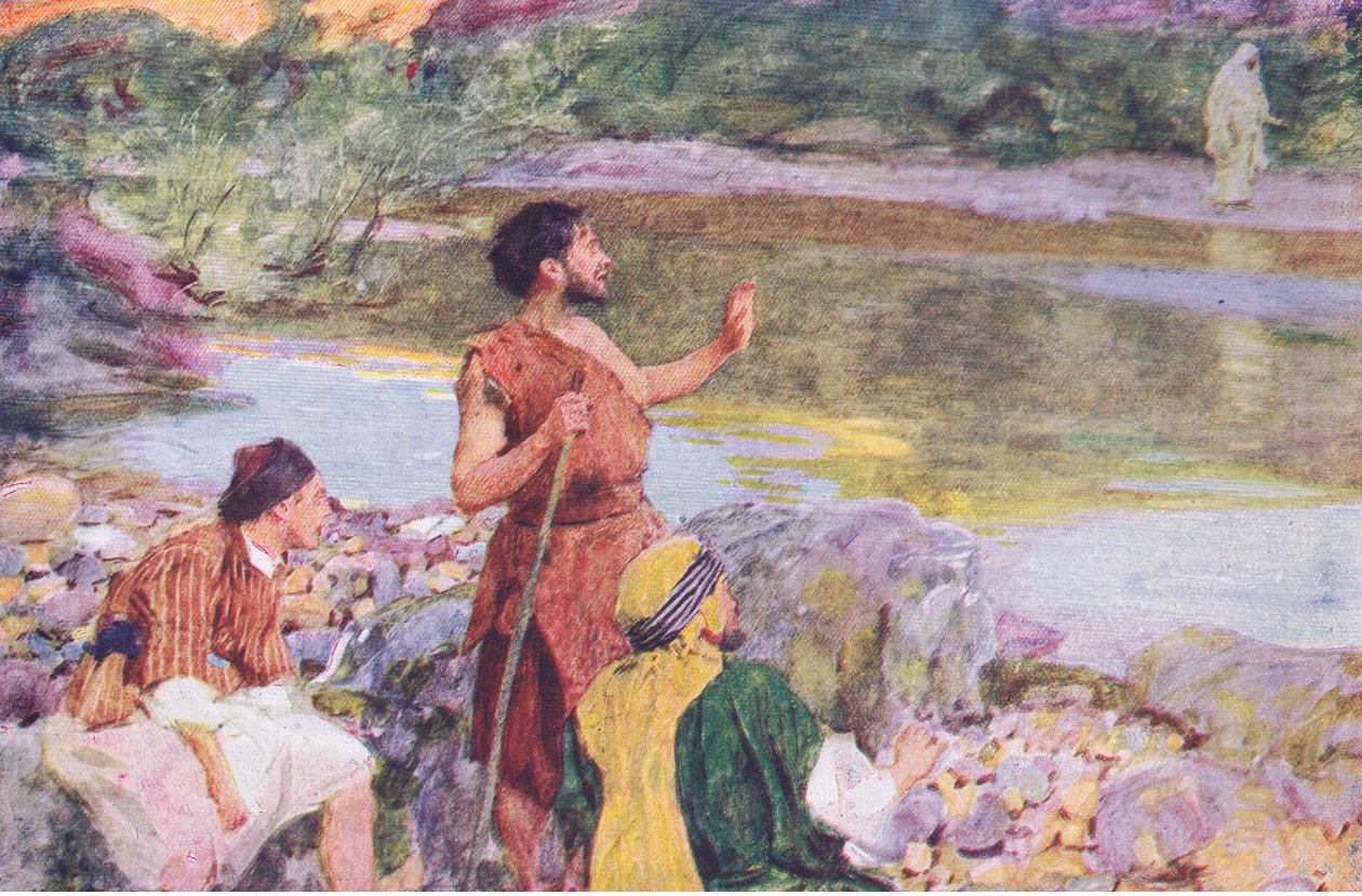 John Jézusra nézett, amint sétált, és így szólt: Íme, Isten Báránya, a Hodder & Stoughton által kiadott Biblia történetéből, 1930 körül. alkotó: William Hatherell