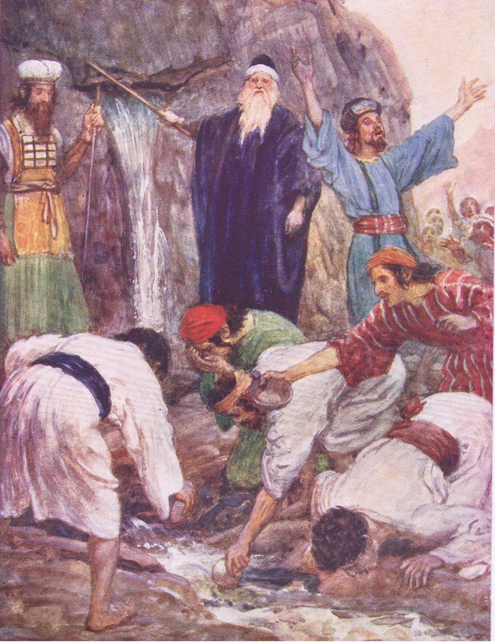 Mózes megüti a sziklát, a Hodder & Stoughton által kiadott Biblia történetből, 1930 körül alkotó: William Hatherell