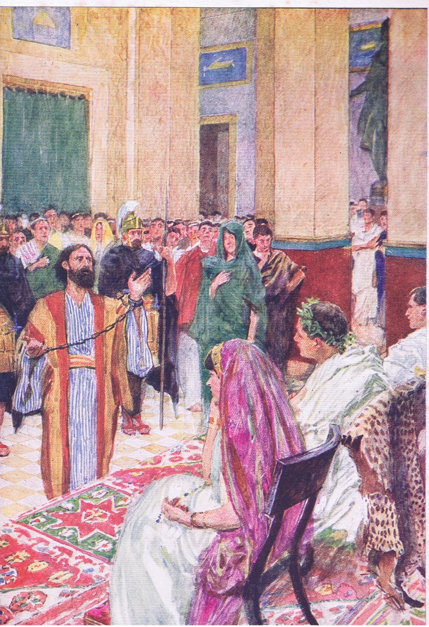 Paul Agrippa előtt, a Hodder & Stoughton által kiadott Biblia történetéből, 1930 körül (színes litó) alkotó: William Hatherell
