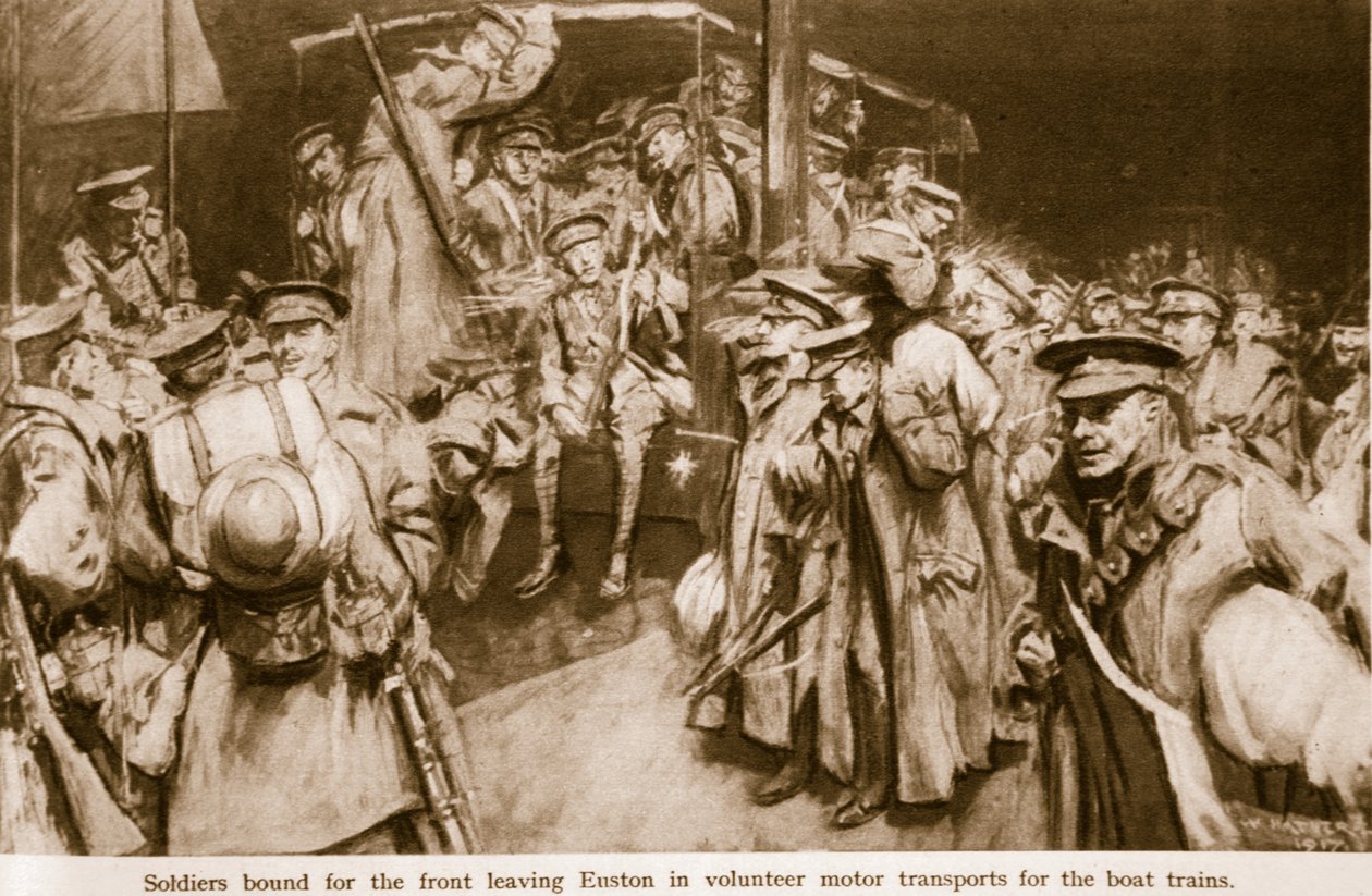 Megrendítő öröm és pátosz jelenetei a nagy londoni pályaudvarokon, 1914-19 alkotó: William Hatherell