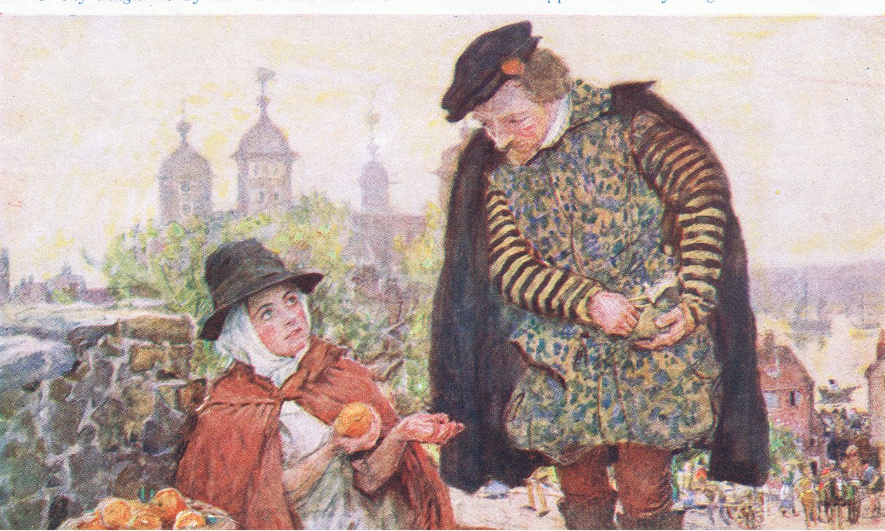 Shakespeare narancsot vesz egy nőtől a Tower Hillen, a My Magazine-ból, 1922. alkotó: William Hatherell