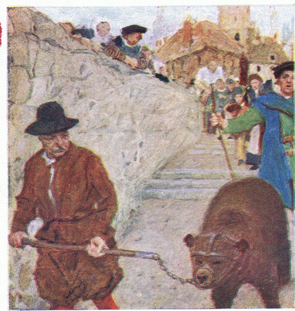 Shakespeare egy medvét néz, aki a bankside-i Medvekert felé tart, a My Magazine-ból, 1922. alkotó: William Hatherell