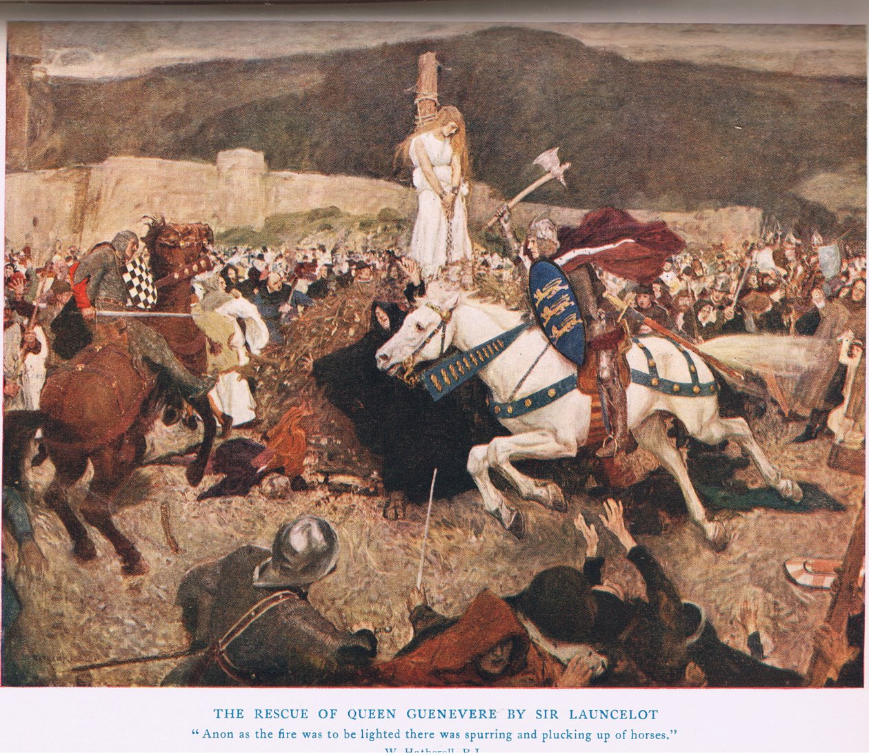 Sir Lancelot Guenevere királynő megmentése, illusztráció az Arthur királyból alkotó: William Hatherell