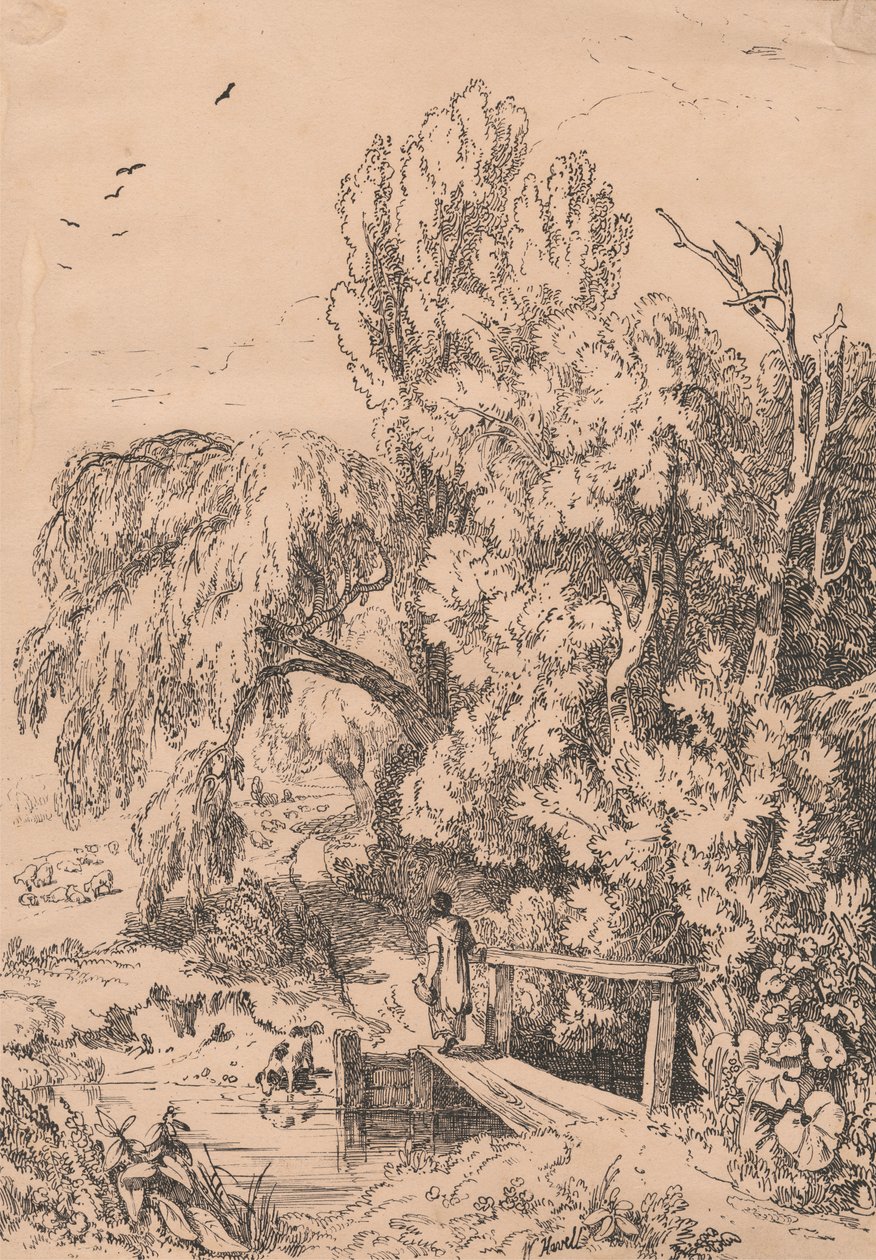 Táj fákkal, lány átkelő gyaloghídon alkotó: William Havell