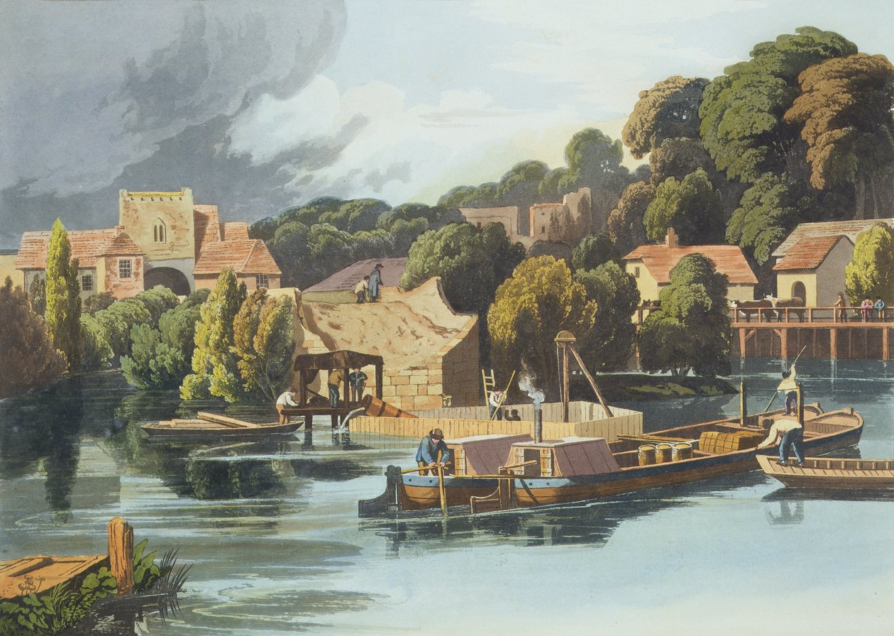 Wallingford kastély 1810-ben A hídjavítás során, vésette Robert Havell ifjabb (1793-1878), megjelent 1818 (akvatinta) alkotó: William Havell