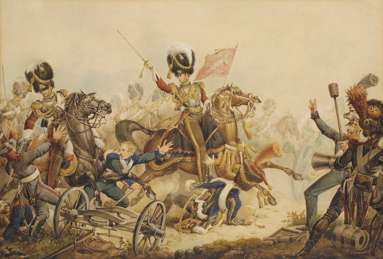 Az 1. életgárda a francia tüzérség támadása az 1815-ös waterlooi csatában, 1820 alkotó: William Heath