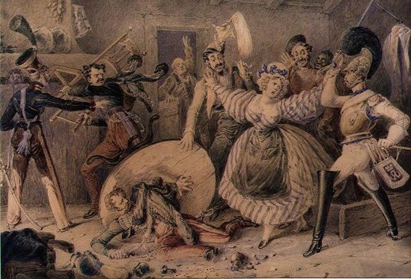 Verekedés egy fogadóban, 1830 körül (akvarell ceruzával, papíron gouache-val kiemelve) alkotó: William Heath