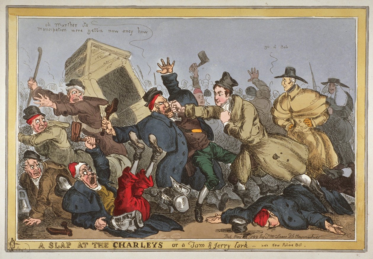 "Egy pofon a Charley-knál vagy egy Tom und Jerry pacsirta, videó: New Police Bill", 1829 (kézzel színezett rézkarc) alkotó: William Heath