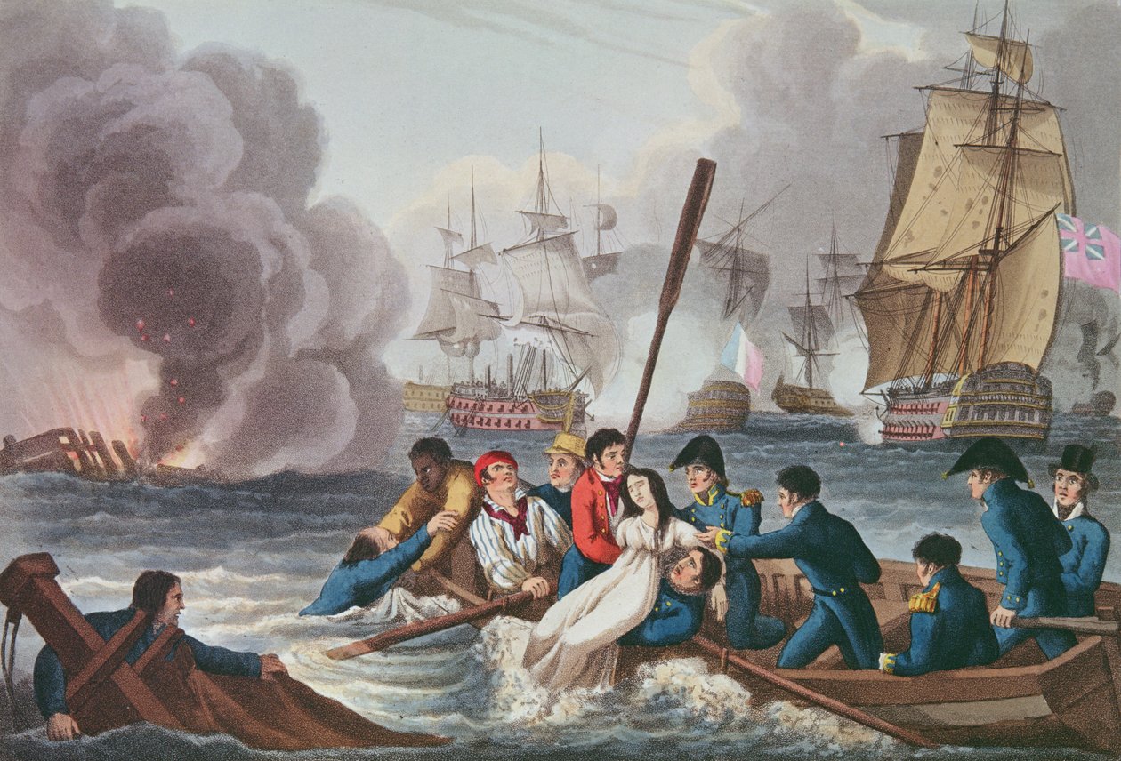 Anekdota a trafalgari csatáról, Matthew Dubourg (fl.1813-20) metszete a "Történelmi, katonai és haditengerészeti anekdoták" című kocsmából. írta: Edward Orme (1774-1820 körül) 1817 (akvatinta) alkotó: William Heath