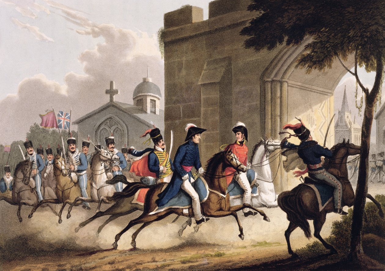 Lord Wellington belépése Salamancába a huszárezred élén, 1813. május 20., "The Martial Achievements of Great Britain and her Allies 1799-1815" című művéből, James Jenkins, engl. alkotó: William Heath
