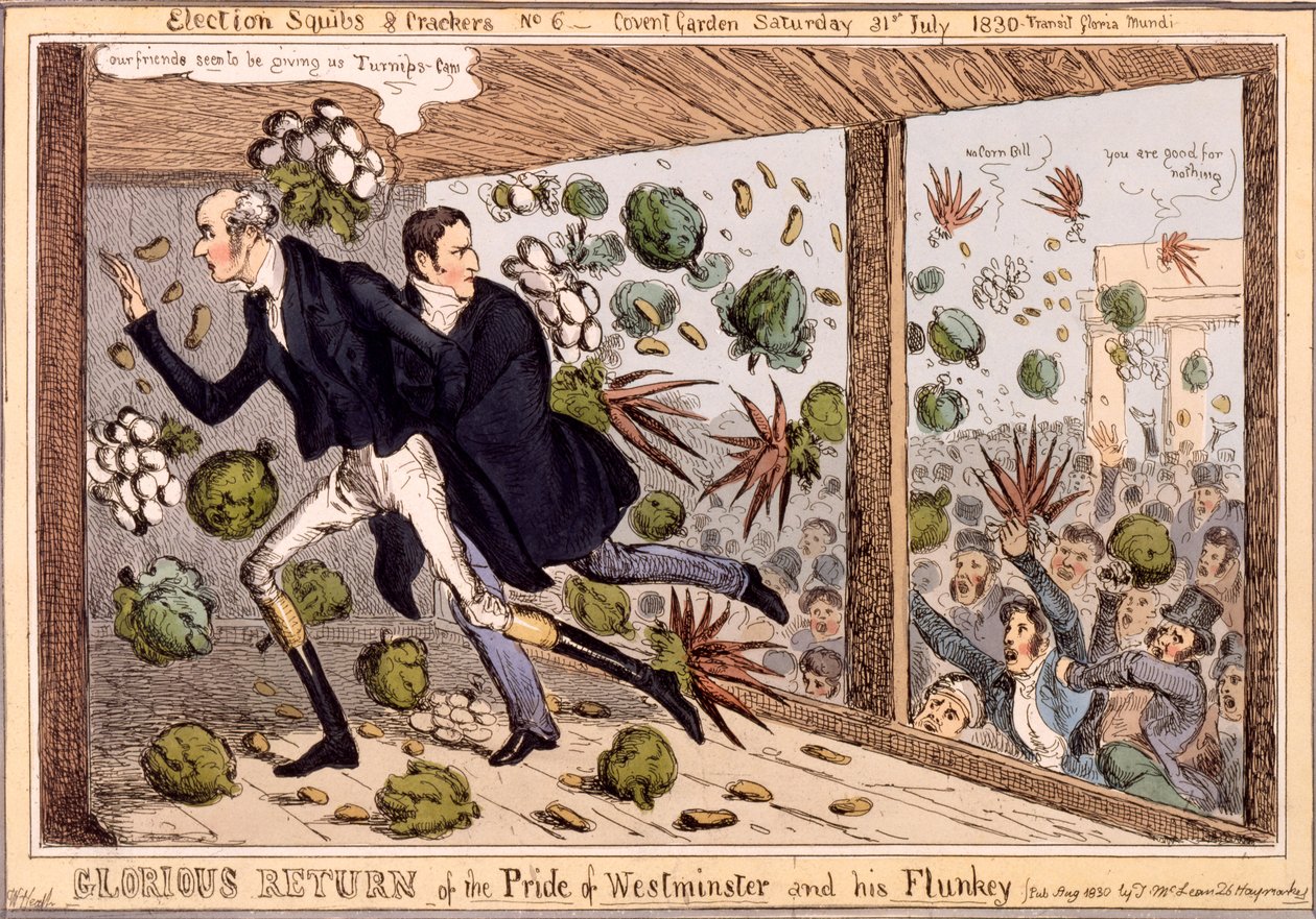 Westminster büszkeségének dicsőséges visszatérése és Flunkeyja, a „Választási squibs and Crackers” sorozatból, 1830 (kézzel színezett metszet) alkotó: William Heath