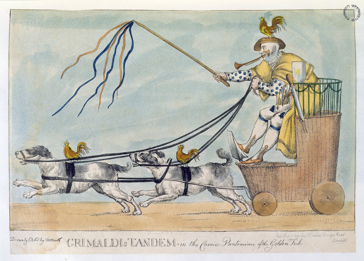 Grimaldi tandemje az Aranyhal komikus pantomimjában, kocsma. 1812 alkotó: William Heath