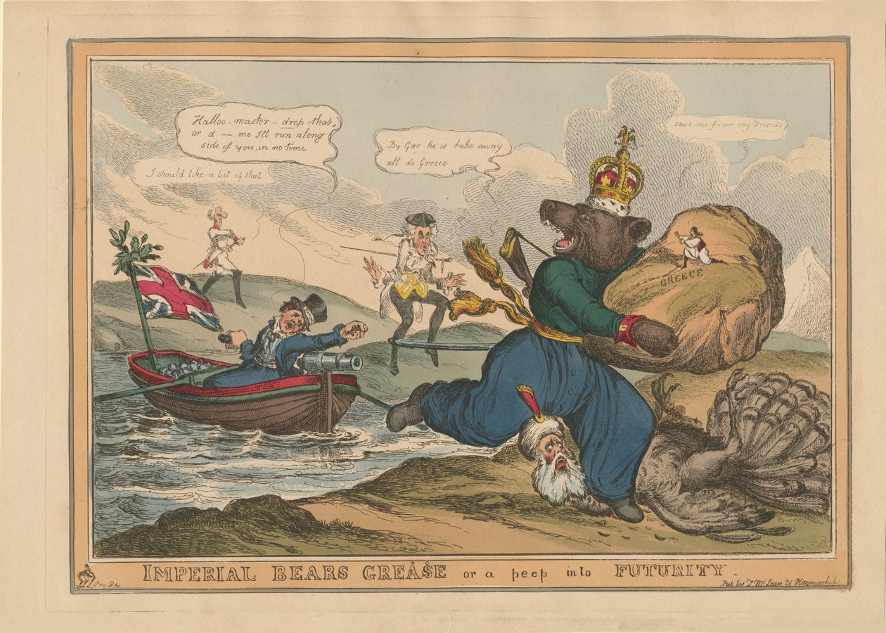 Az Imperial Bears Grease Görögország vagy egy pillantás a jövőbe. Karikatúra az orosz-török háborúról, 1828. alkotó: William Heath