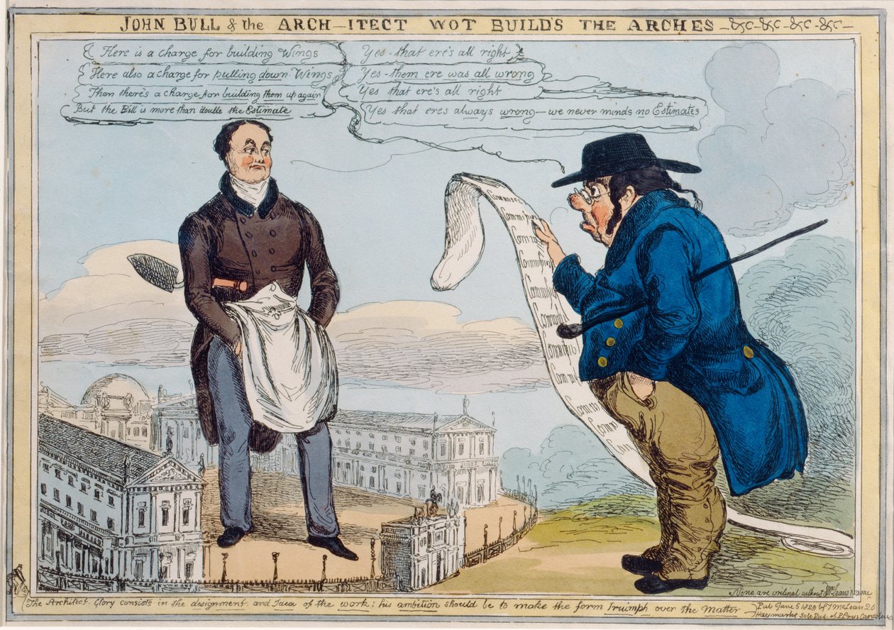 John Bull és Wot építész építi az íveket-undc-undc-undc, Thomas McLean (1788-1875) metszetét. alkotó: William Heath