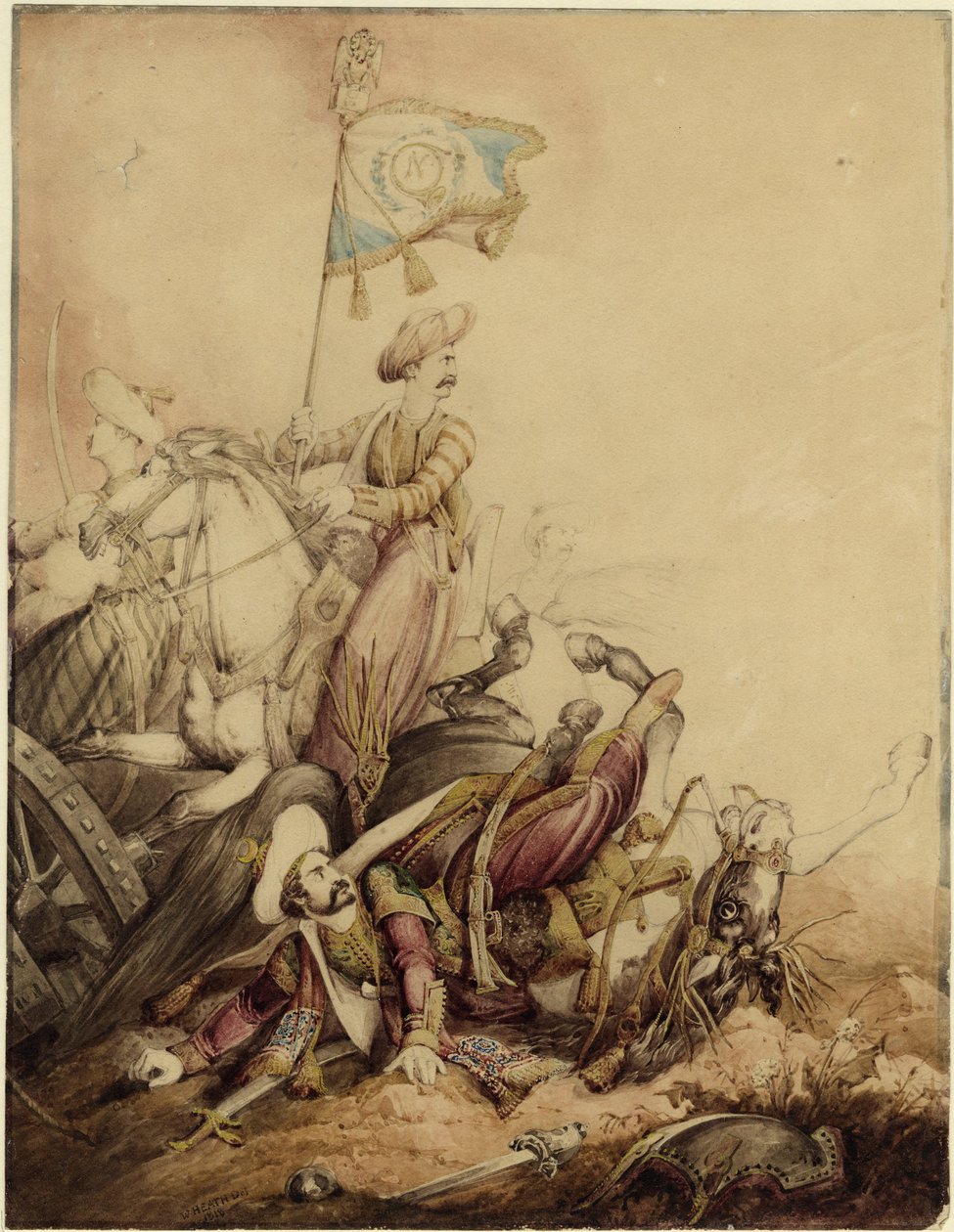 Mameluk zászlóvivő a harcban, 1818 alkotó: William Heath