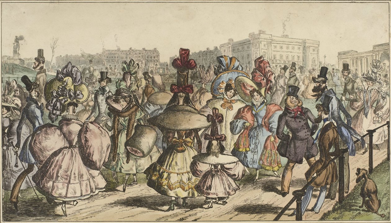 Férfiak és nők feltűnő öltözékben sétálnak egy város parkban A Park - 1830 (cím a tárgyon) alkotó: William Heath
