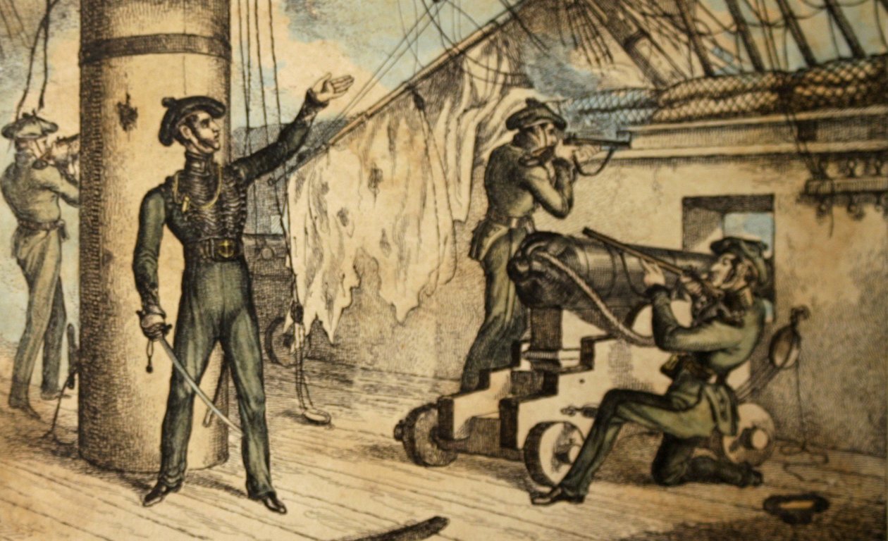 Tengerészgyalogosok akcióban egy azonosítatlan hadihajó fedélzetén, 1835 körül (kézzel színezett rézkarc) alkotó: William Heath