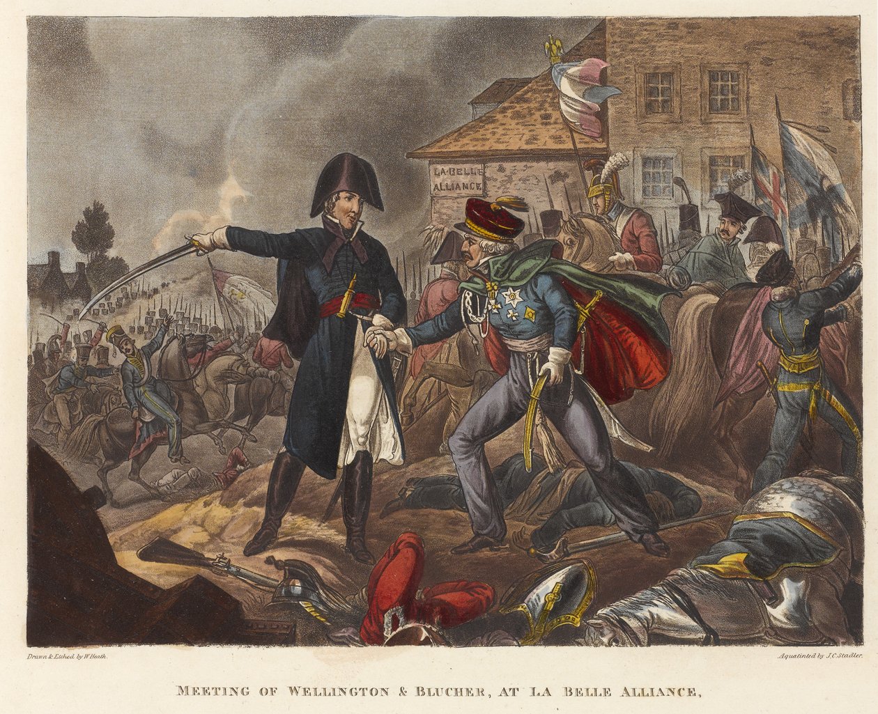 Wellington és Blücher találkozója a La Belle Alliance-ben, akvatinta Joseph Constantine Stadler (fl.1780-1812), 1818 (színes akvatinta) alkotó: William Heath