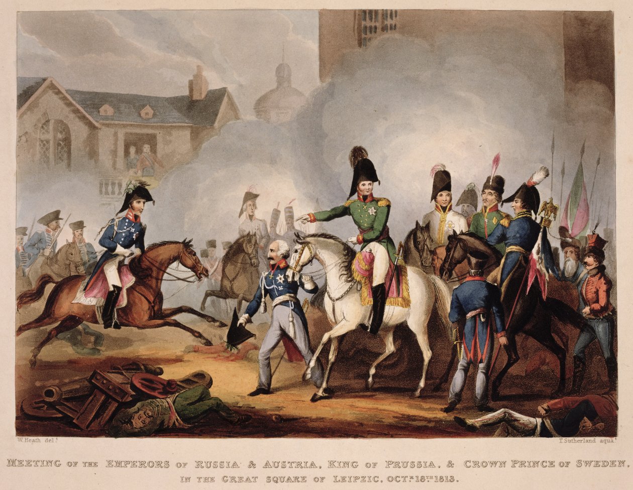 Orosz és Ausztria császárainak, a porosz királynak és a svéd koronahercegnek a találkozója a Lipcsei Nagytéren, 1813. október 18-án, „The Martial Achievements of Great Britain and her Al” címmel. alkotó: William Heath