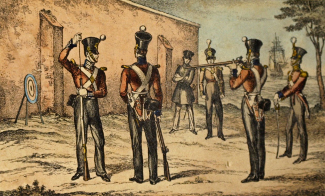 A tengerészgyalogosok jelen jelmeze a körcélgyakorlaton, 1835 körül (kézzel színezett rézkarc) alkotó: William Heath