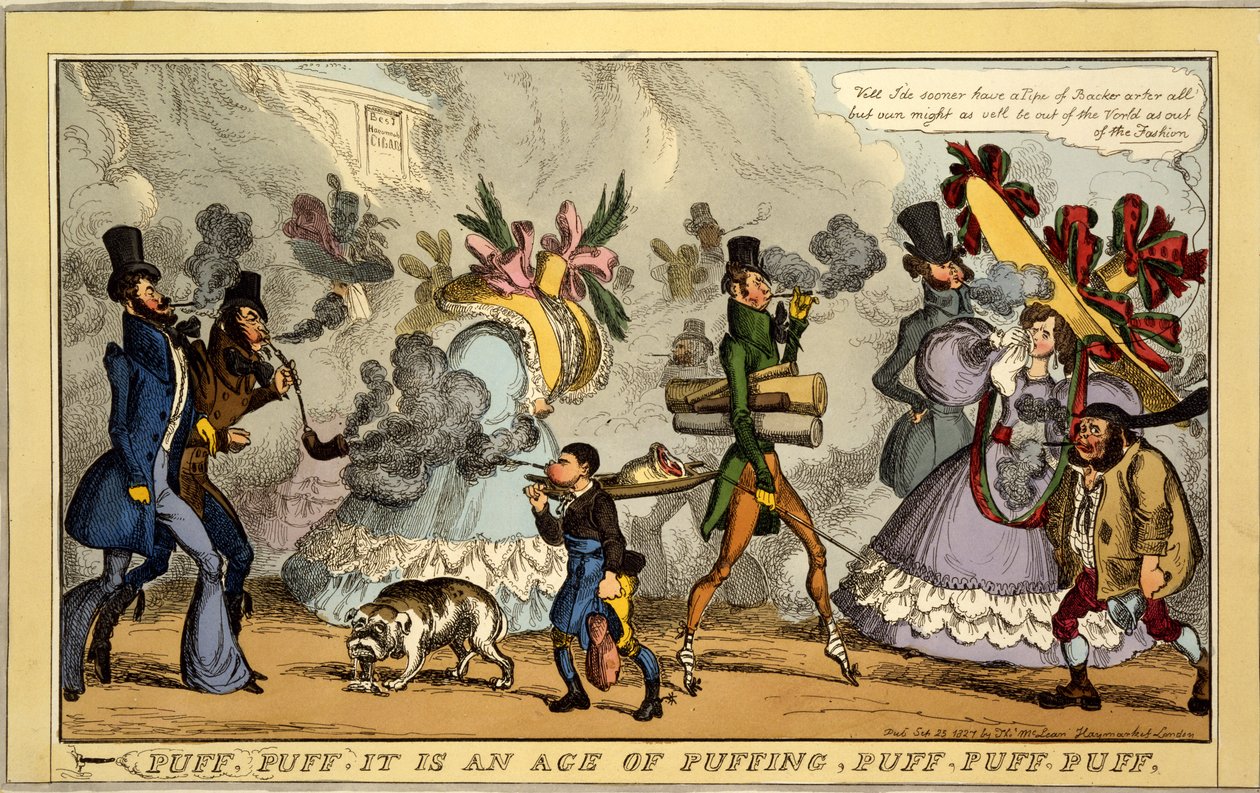 Puff, Puff, ez a pöffeszkedés kora, Puff, Puff, Puff, pub. Thos. McLean, London, 1827 (kézzel színezett metszet) alkotó: William Heath