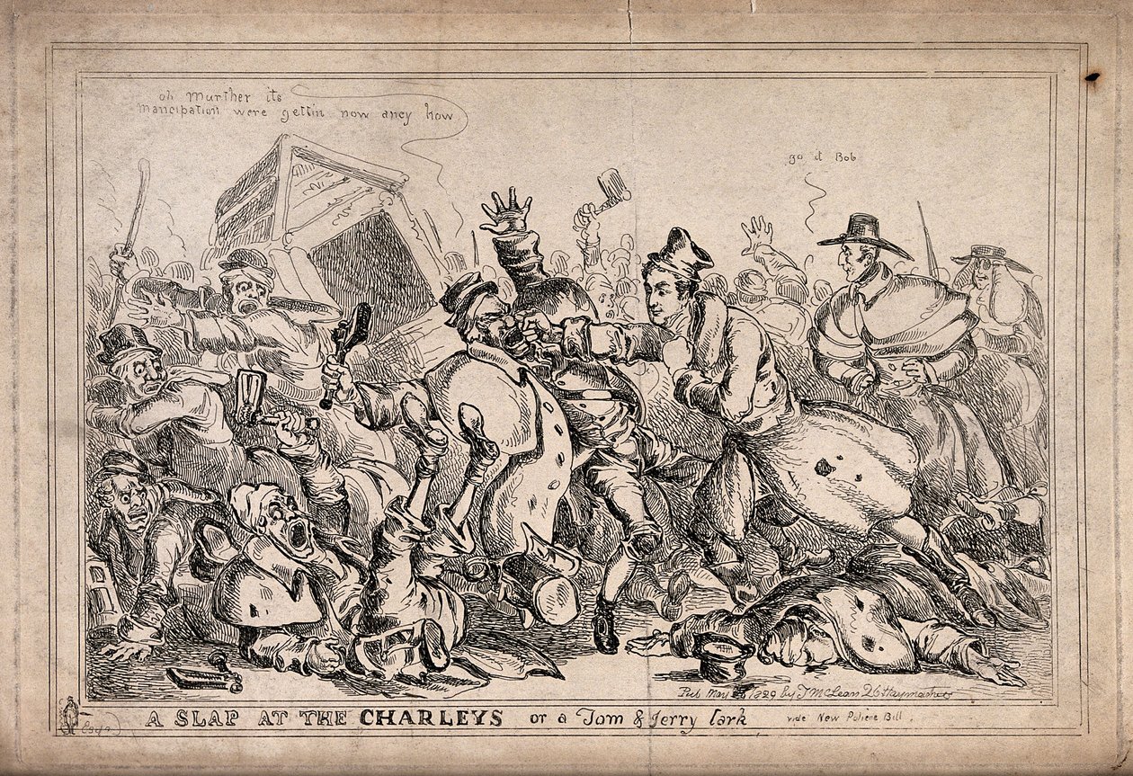 Robert Peel ökölvívóként, aki éjszakai őröket támad meg azzal a szándékkal, hogy helyükre a rendőrséget állítsa. Paul Pry (W. Heath) metszete. alkotó: William Heath