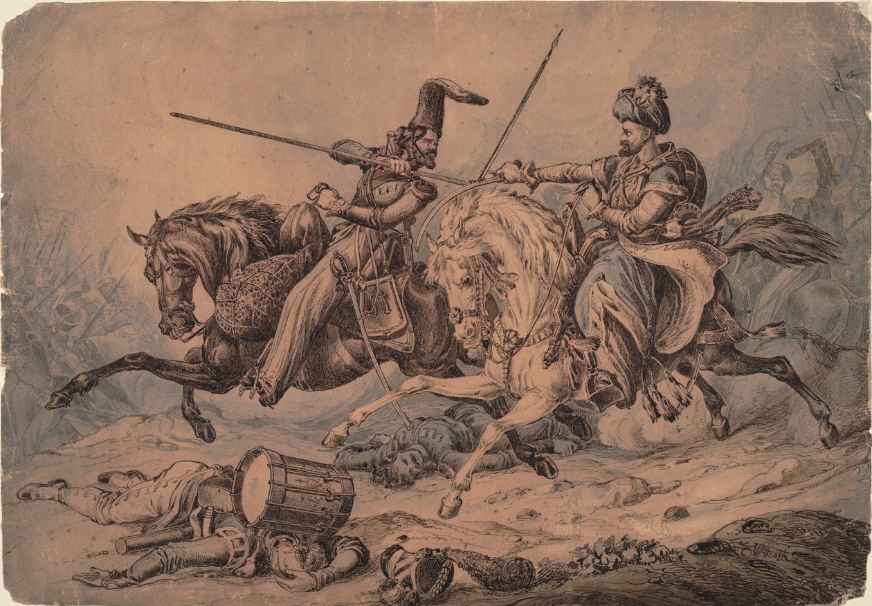 Orosz kozák harcban egy mamelukokkal, 1815 alkotó: William Heath