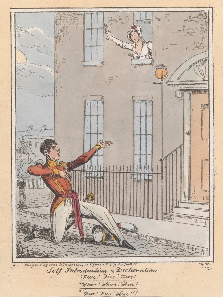 Önbemutató és nyilatkozat, 1823 (kézzel színezett rézkarc) alkotó: William Heath