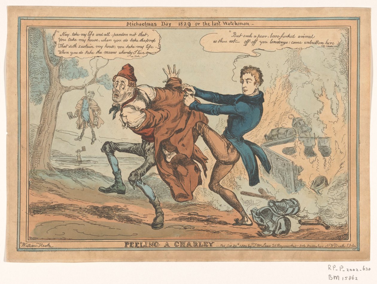Spotprent, Sir Robert Peel Charley meghámozása / Michaelmas Day 1829 or the last Watchman (cím a tárgyon) alkotó: William Heath