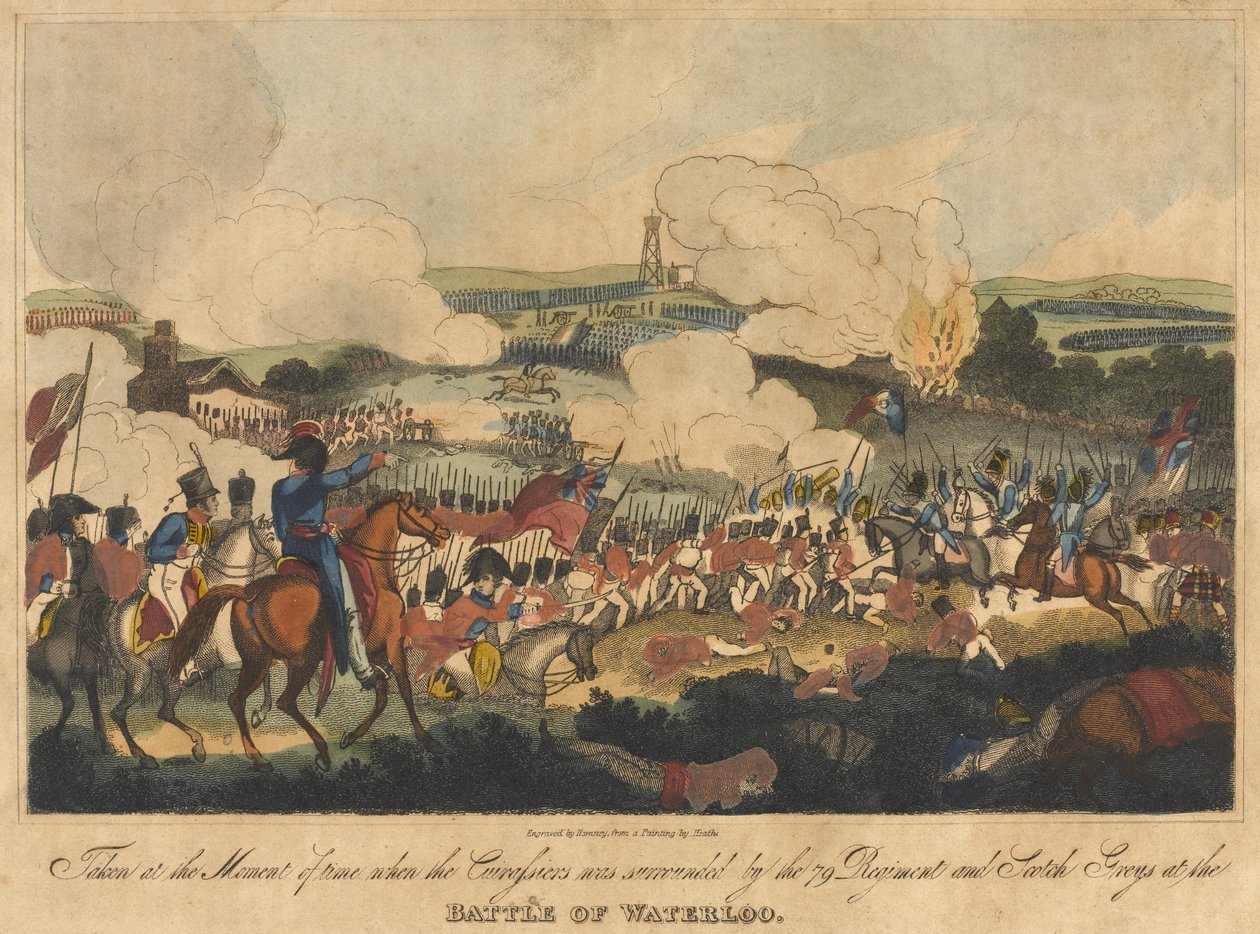 Abban az időben készült, amikor a Cuirassiers-t a 79 ezred és a skót szürkék körülvették a waterlooi csatában, 1815. június 18-án, Romney metszett és kiadó Richard Evans, 1816 (co. alkotó: William Heath