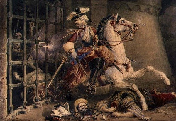 A törökök elől menekülő lovastiszt, 1830 körül (akvarell ceruzával, papíron gouache-nal kiemelve) alkotó: William Heath
