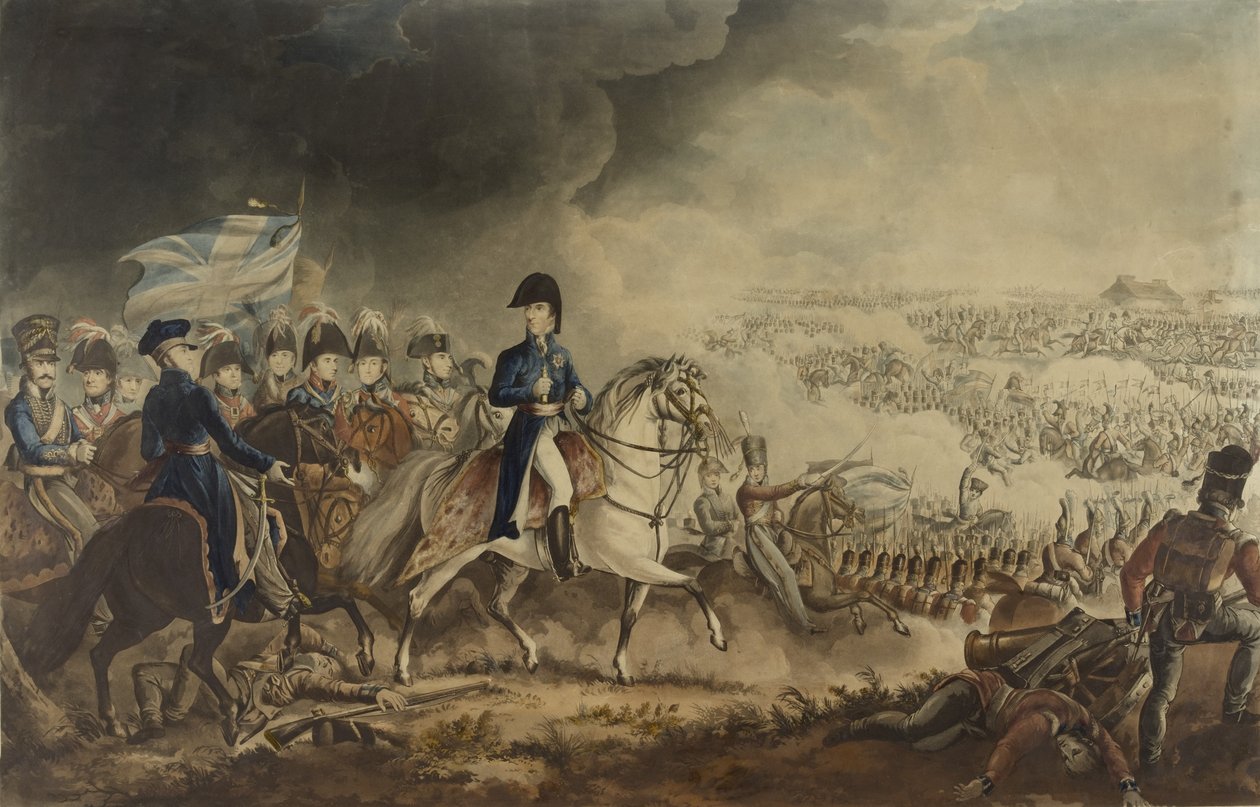 Wellington hercege és a Waterloo-i csata legkiválóbb tisztjei, 1815. június 18., W.T. Fry és T. Sutherland akvatinta, J. Jenkins, London, 1817. június 18. (színes aquati alkotó: William Heath