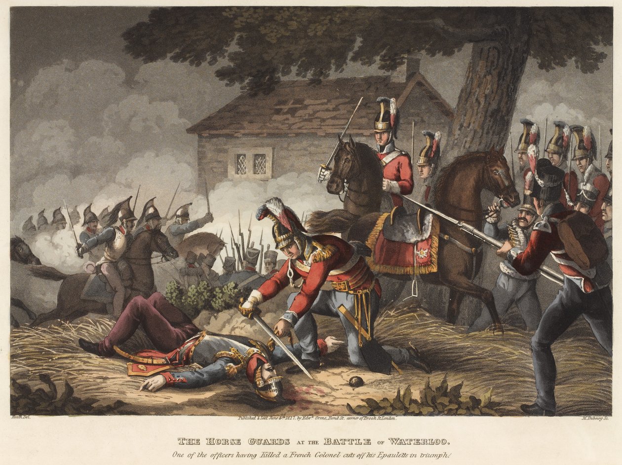 A lovas (élet)gárda a waterlooi csatában, az egyik tiszt, miután megölt egy francia ezredest, diadalittasan levágja a vállpántját, M. Dubourg metszete, 1819 (színes aquatinta). alkotó: William Heath
