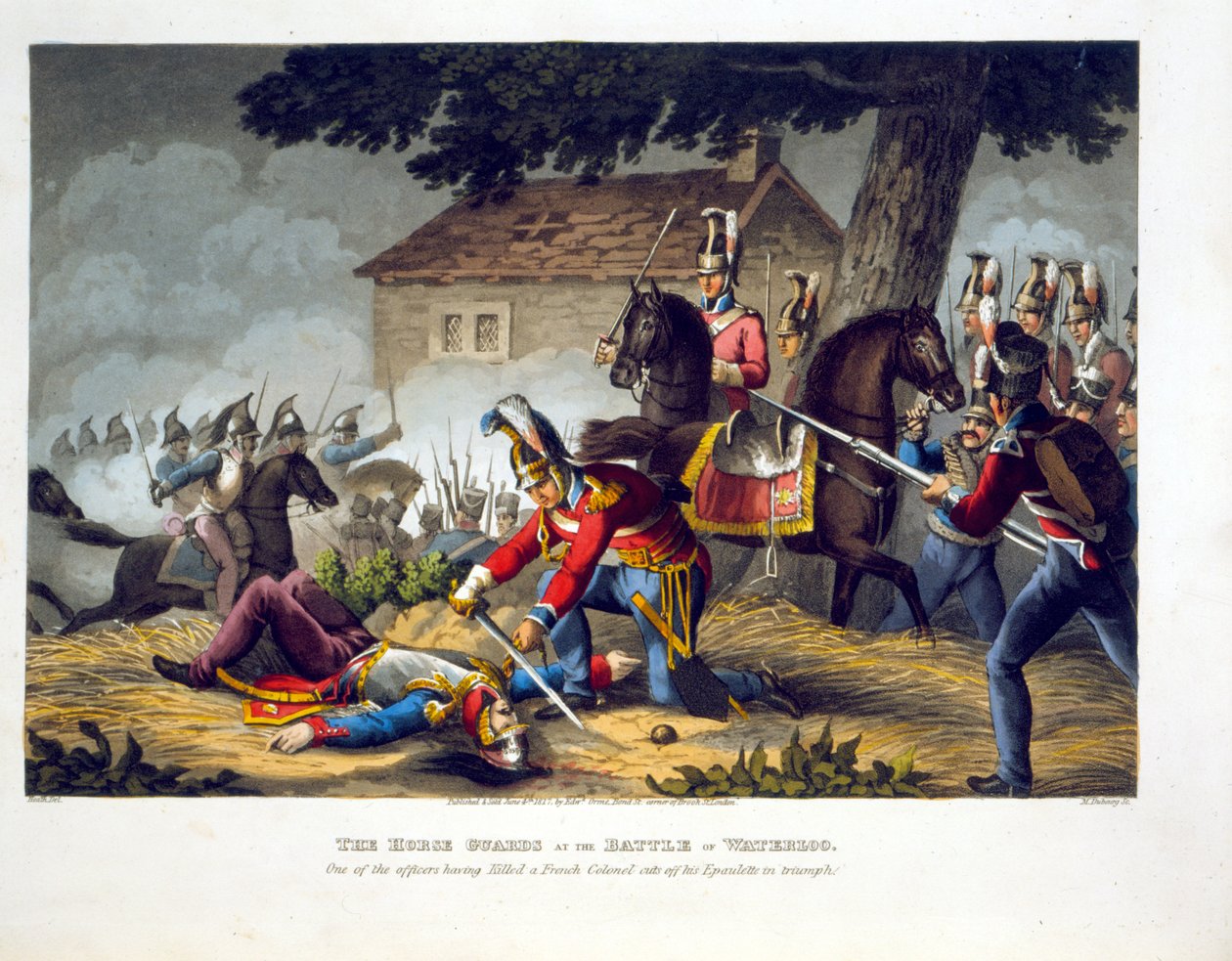 A lóőrök a waterlooi csatában, Matthew Dubourg (fl.1813-20) metszete a "Történelmi, katonai és haditengerészeti anekdoták" című kocsmából. írta: Edward Orme (1774-1820 körül) 1817 (akvatinta) alkotó: William Heath