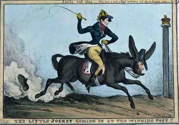 "The Little Jockey Coming in the Winning Post!!!", 1831 körül (színes rézkarc) alkotó: William Heath