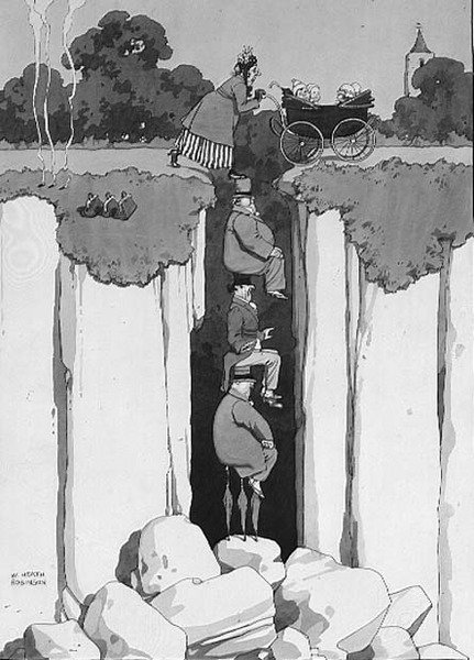 Kedvesség, három úriember megfontoltsága a szakadékon való segítésben (toll és tinta, akvarell) alkotó: William Heath Robinson