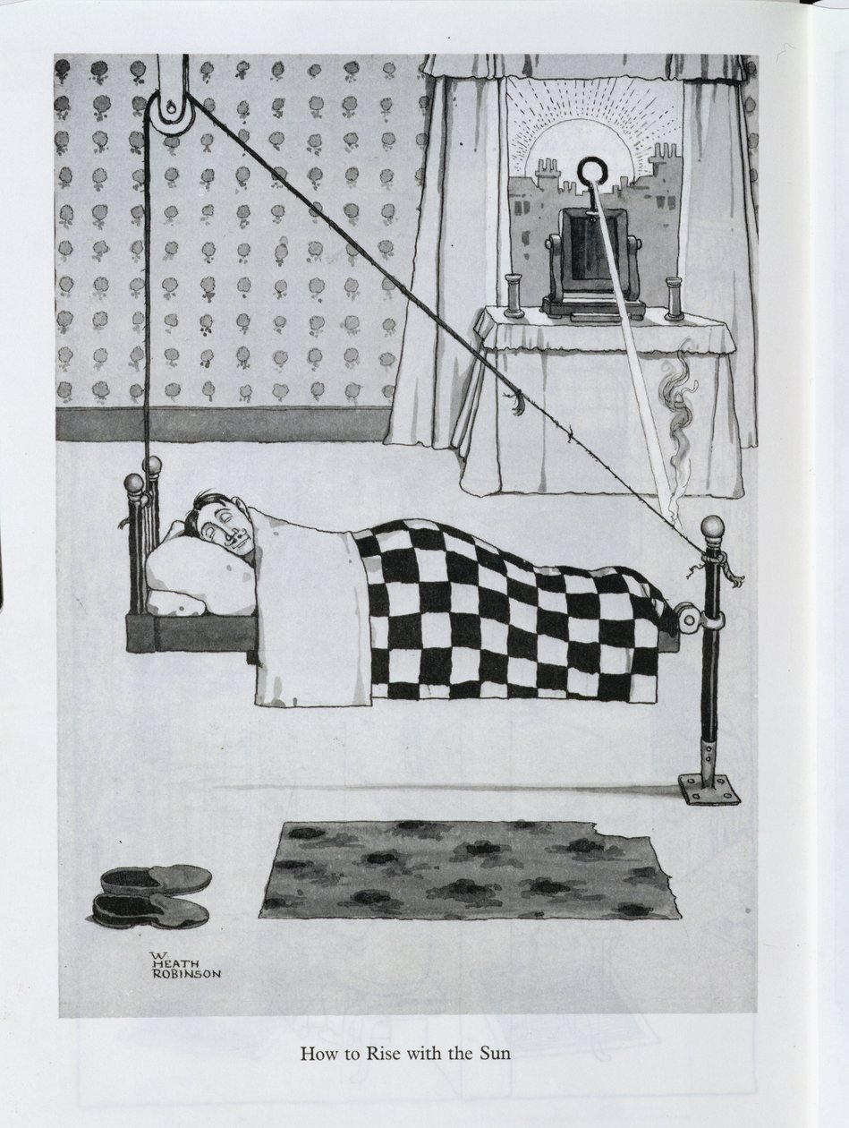 Hogyan keljünk fel a Nappal, illusztráció a „Találmányok” című könyvből alkotó: William Heath Robinson