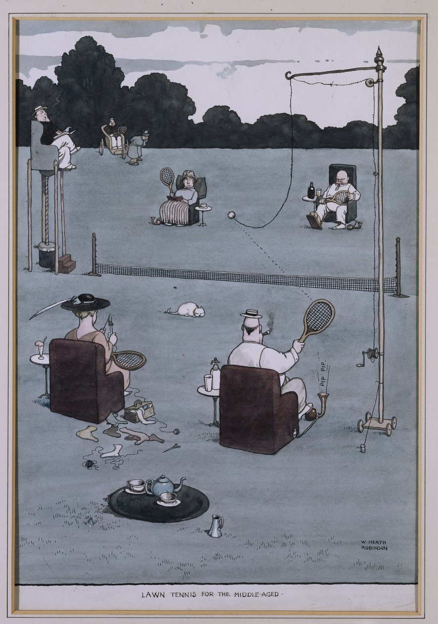 Gyeptenisz középkorúaknak (toll, tinta és w/c) alkotó: William Heath Robinson