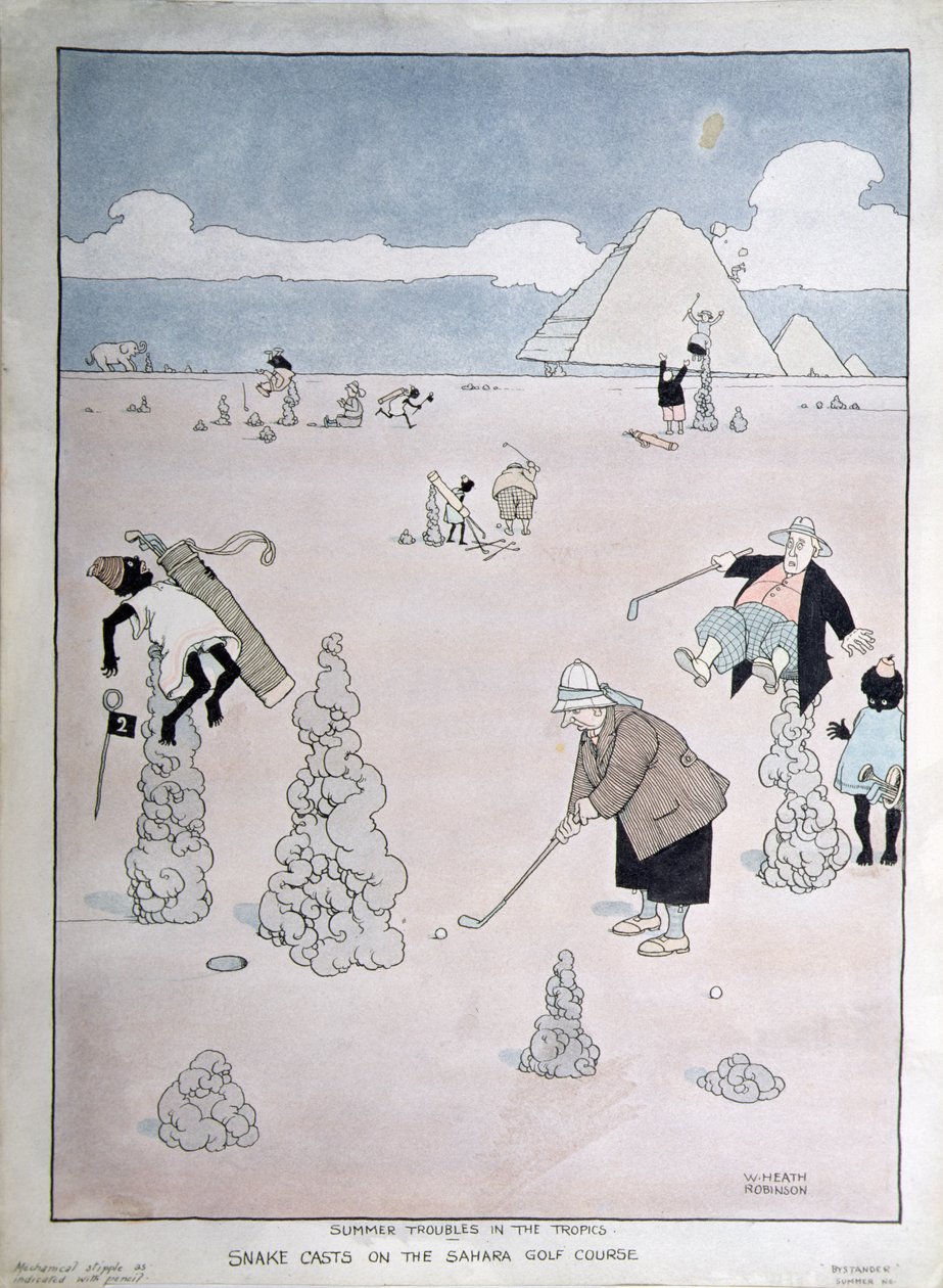 Nyári gondok a trópusokon – Kígyódobások a Szaharai golfpályán (toll, tus és akvarell) alkotó: William Heath Robinson
