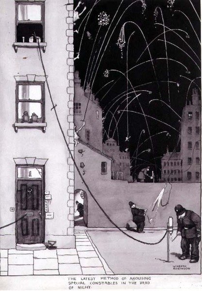 „A legújabb módszer a különleges rendőrök felkeltésére az éj holtában”, illusztráció az „Inventions”-hez, Duckworth 1973 (toll és tinta, akvarell) alkotó: William Heath Robinson