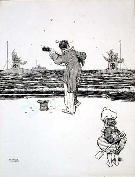Kereskedelem az ellenséggel a Yarmouth Sands -en, a "Néhány ijesztő háborús kép" -ből alkotó: William Heath Robinson
