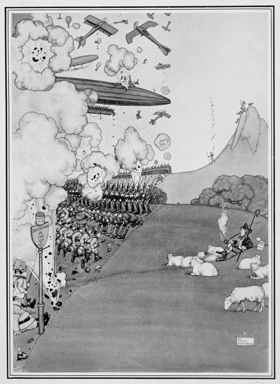 A háború látványa Svájcból, a "Néhány rémisztő háborús kép" című filmből, 1915 alkotó: William Heath Robinson