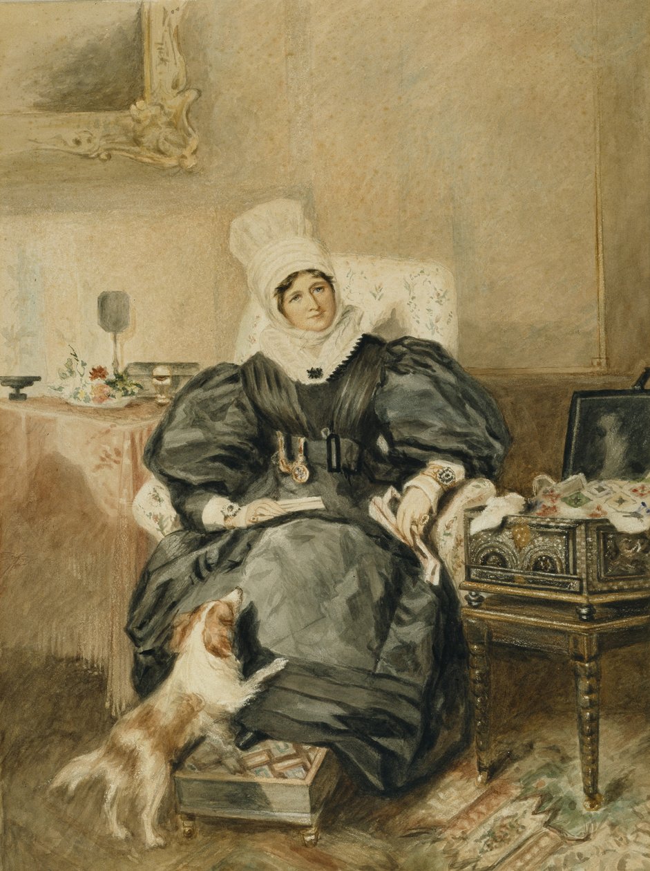 Hölgy portréja az asztal mellett kutyával (akvarell, papír) alkotó: William Henry (after) Hunt
