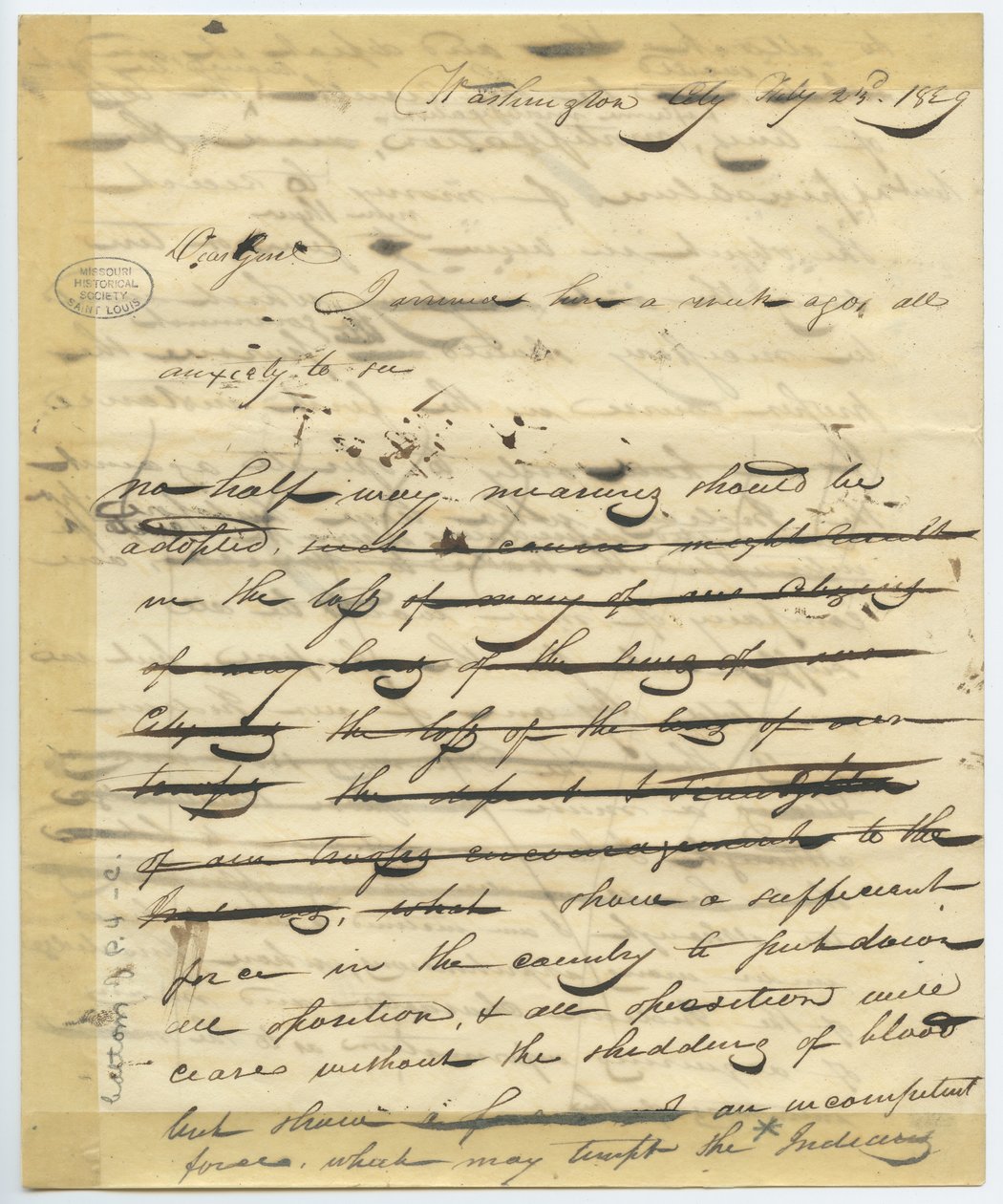 William H. Ashley, Washington washingtoni levelének tervezete kezdődik -„Kedves Genl, egy hete érkeztem ide. . . ” alkotó: William Henry Ashley