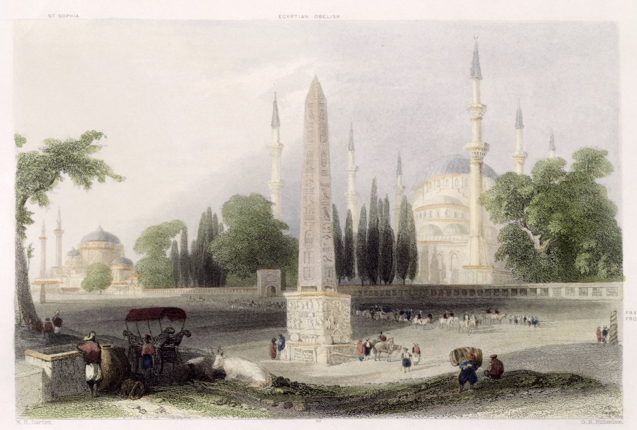 Egy egyiptomi obeliszk az isztambuli Atmeidanban vagy Hippodromban, metszett G.K. Richardson, 1850 körül (akvatinta) alkotó: William Henry Bartlett