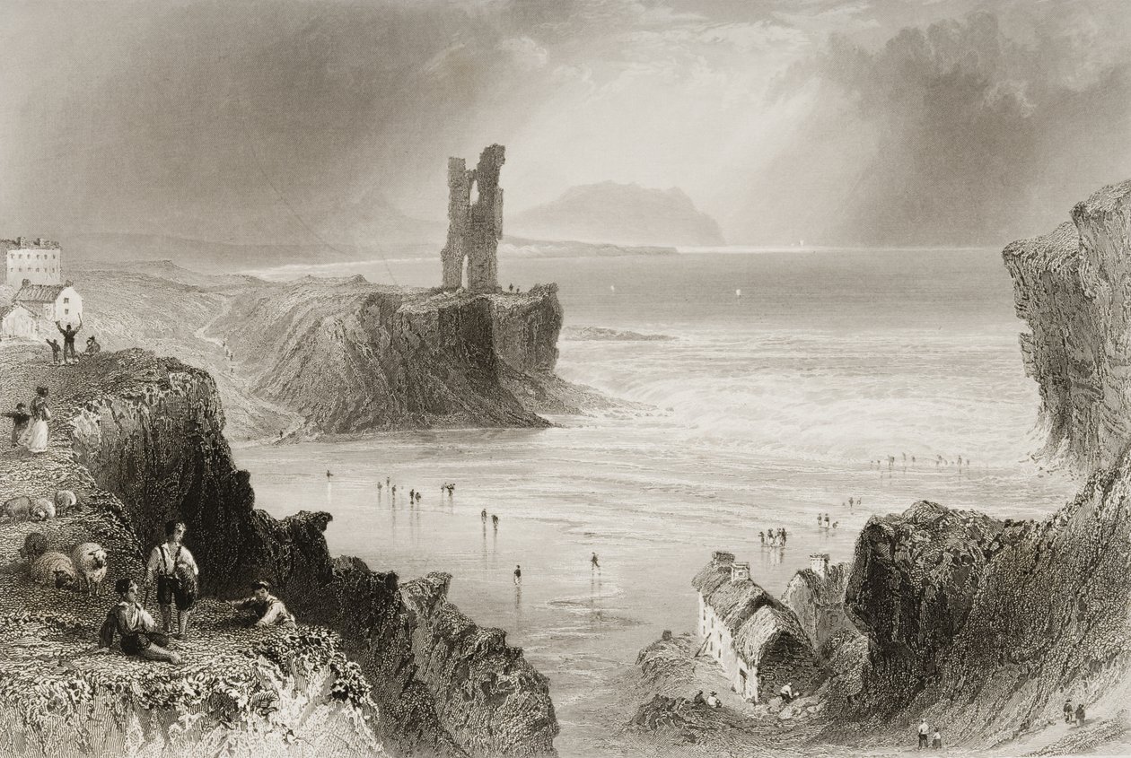 Ballybunnion, Kerry megye, Írország, George Virtue „Scenery and Antiquities of Ireland” című művéből, 1860-as évek alkotó: William Henry Bartlett