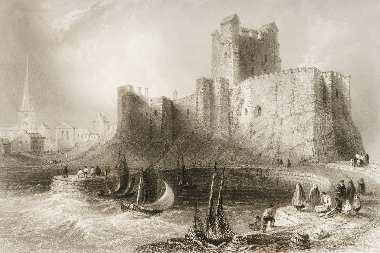 Carrickfergus kastély, Antrim megye, Észak-Írország, George Virtue „Scenery and Antiquities of Ireland” című művéből, 1860-as évek alkotó: William Henry Bartlett