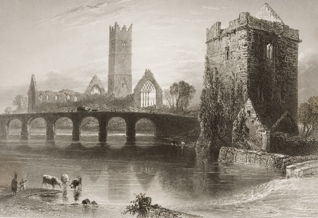 Clare Abbey, Clare megye, Írország, George Virtue „Scenery and Antiquities of Ireland” című művéből, 1860-as évek alkotó: William Henry Bartlett