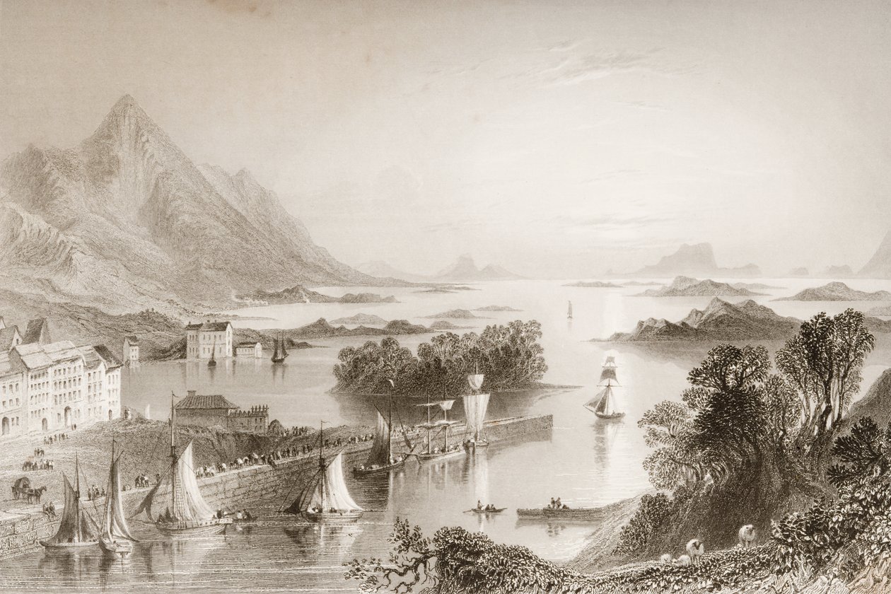 Clew Bay Westportból, Mayo megyéből, George Virtue „Scenery and Antiquities of Ireland” című filmjéből, 1860-as évek alkotó: William Henry Bartlett