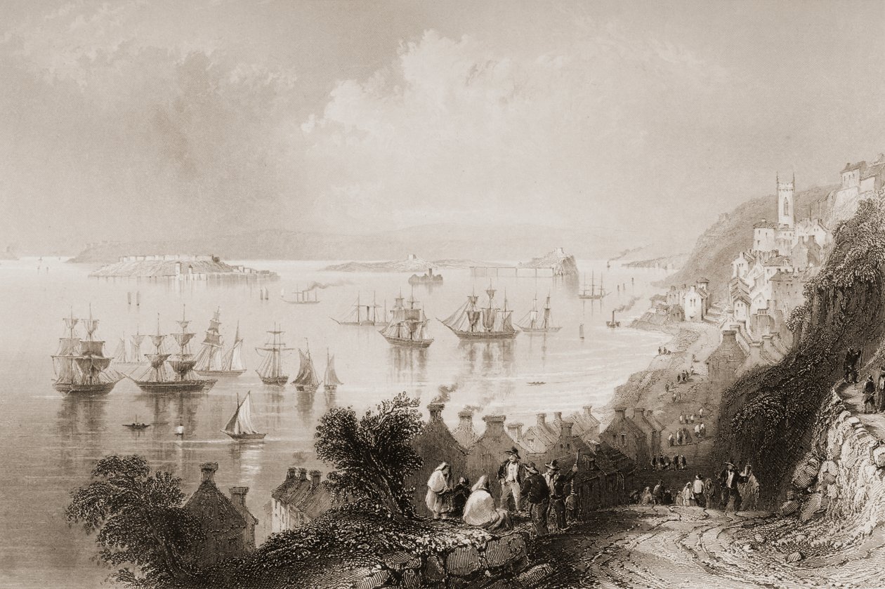 Cobh Harbour, Cork, Írország, George Virtue „Scenery and Antiquities of Ireland” című művéből, 1860-as évek alkotó: William Henry Bartlett